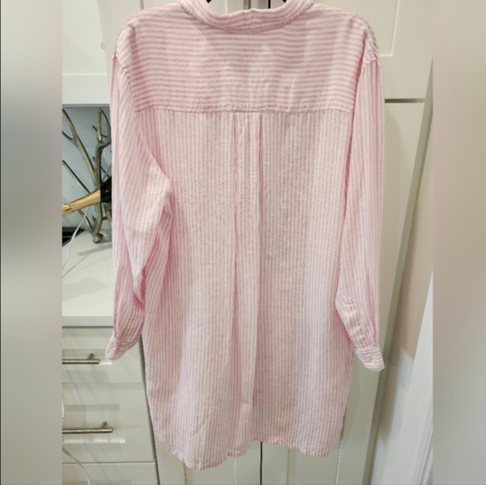 Frank & Eileen Hunter Pink & White Striped Italian  Linen Shirt-Dress - Medium - Picture 3 of 11